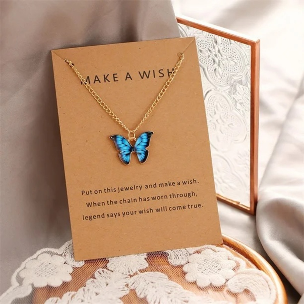 Blue Black Butterfly Make A Wish Pendant Charm Necklace